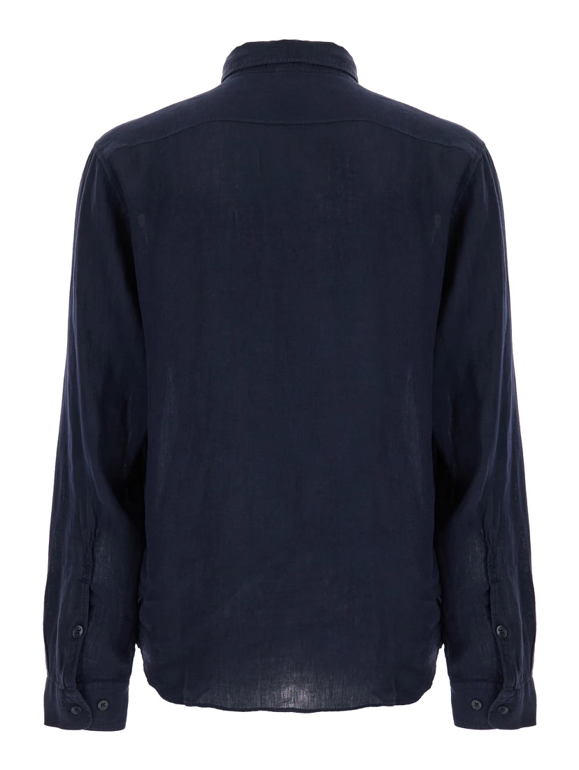 Blue Shirt with Lettering Logo Printed on the Front in Linen Man