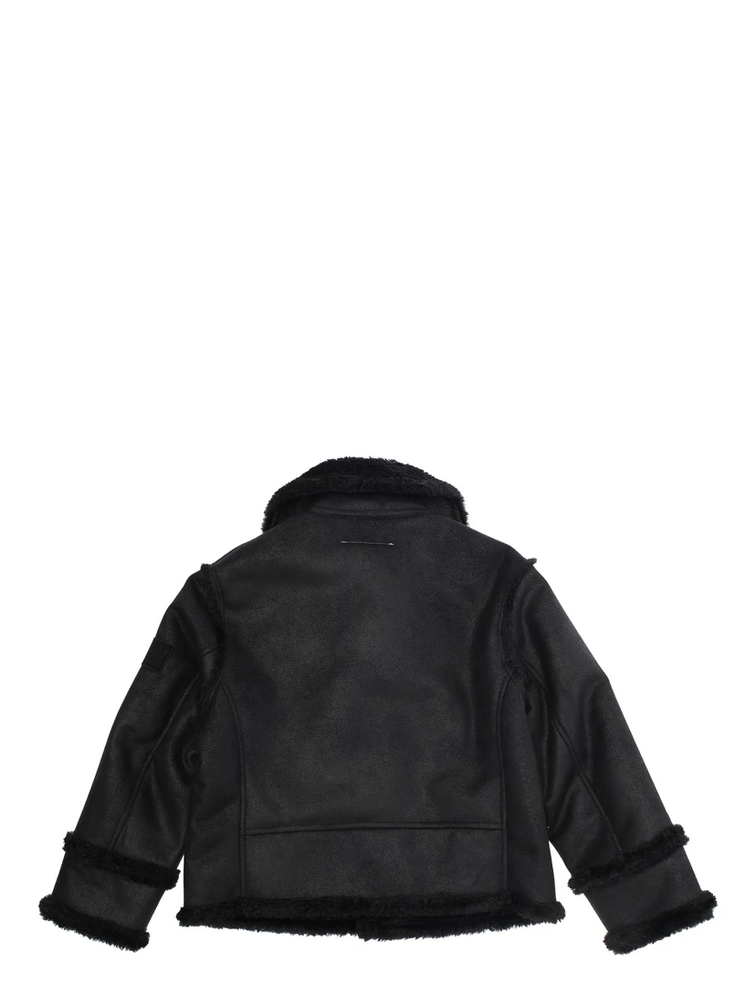 Black Jacket with Ecofur Collar and Logo Patch on the Sleeve in Tech Fabric Girl