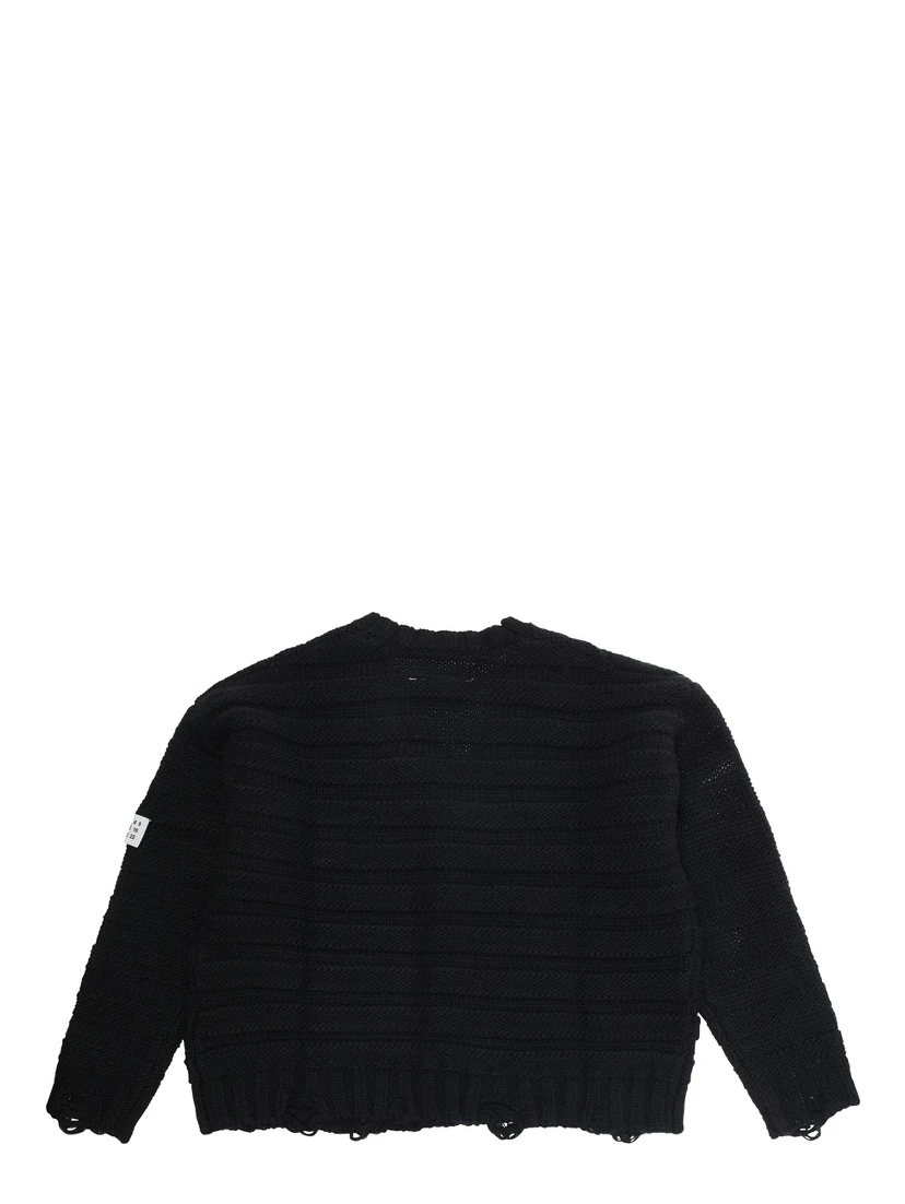 Black Cardigan with V Neck and Logo Patch on the Front in Wool Blend Boy