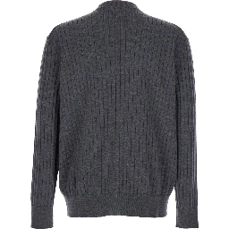 Grey Crewneck Cardigan with Front Button Closure and Ribbed Knit in Wool Man