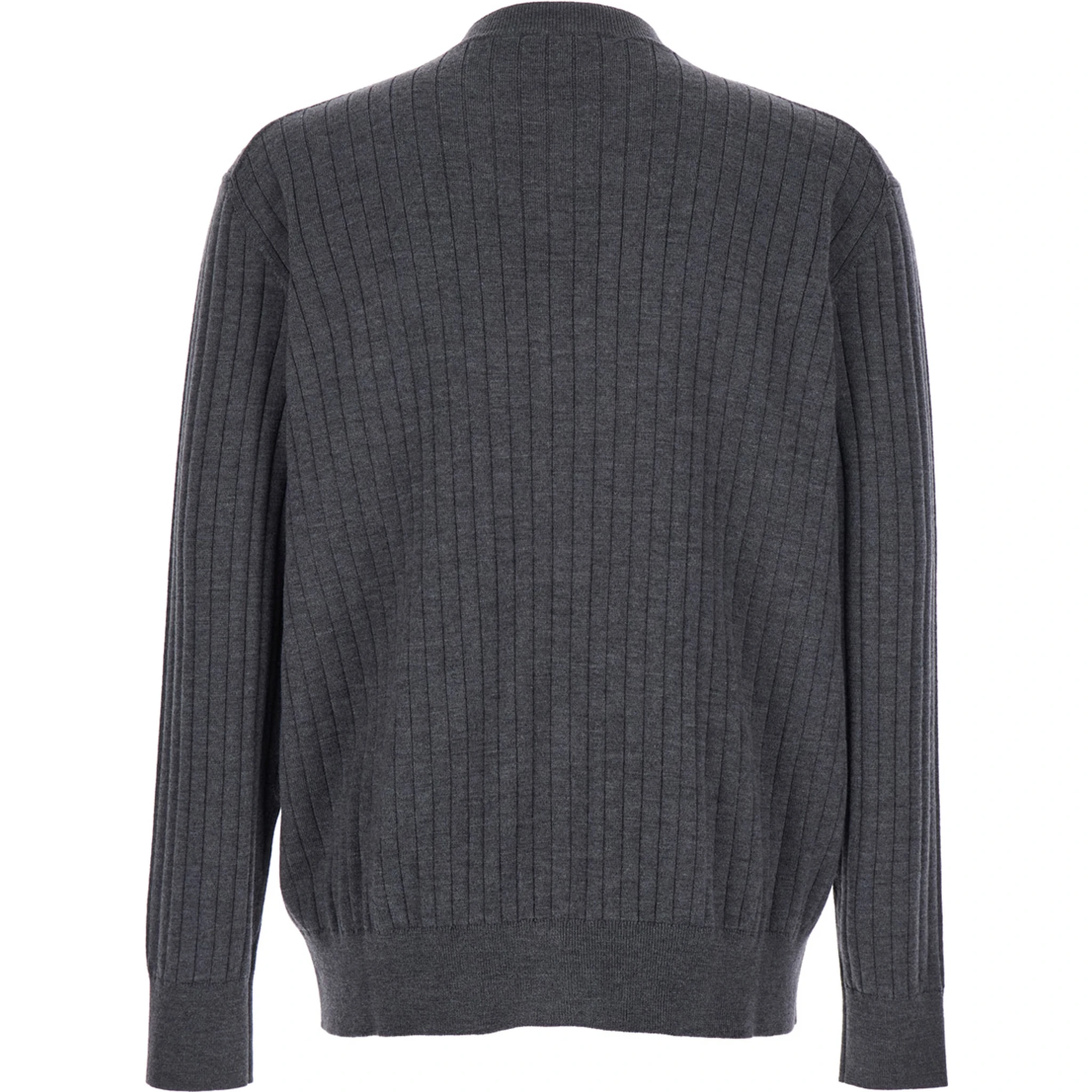 Grey Crewneck Cardigan with Front Button Closure and Ribbed Knit in Wool Man