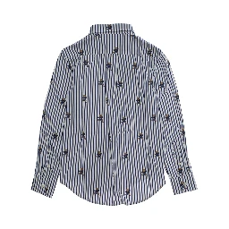 Blue Shirt with All-Over Striped Motif and Bear Print in Cotton Boy