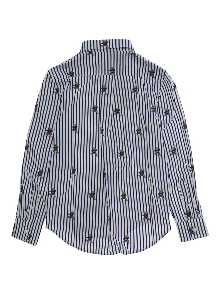 Blue Shirt with All-Over Striped Motif and Bear Print in Cotton Boy alternative