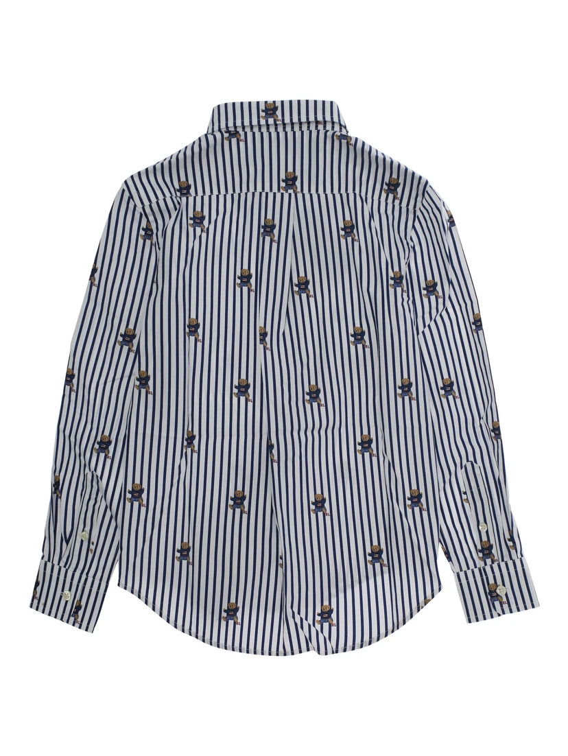 Blue Shirt with All-Over Striped Motif and Bear Print in Cotton Boy