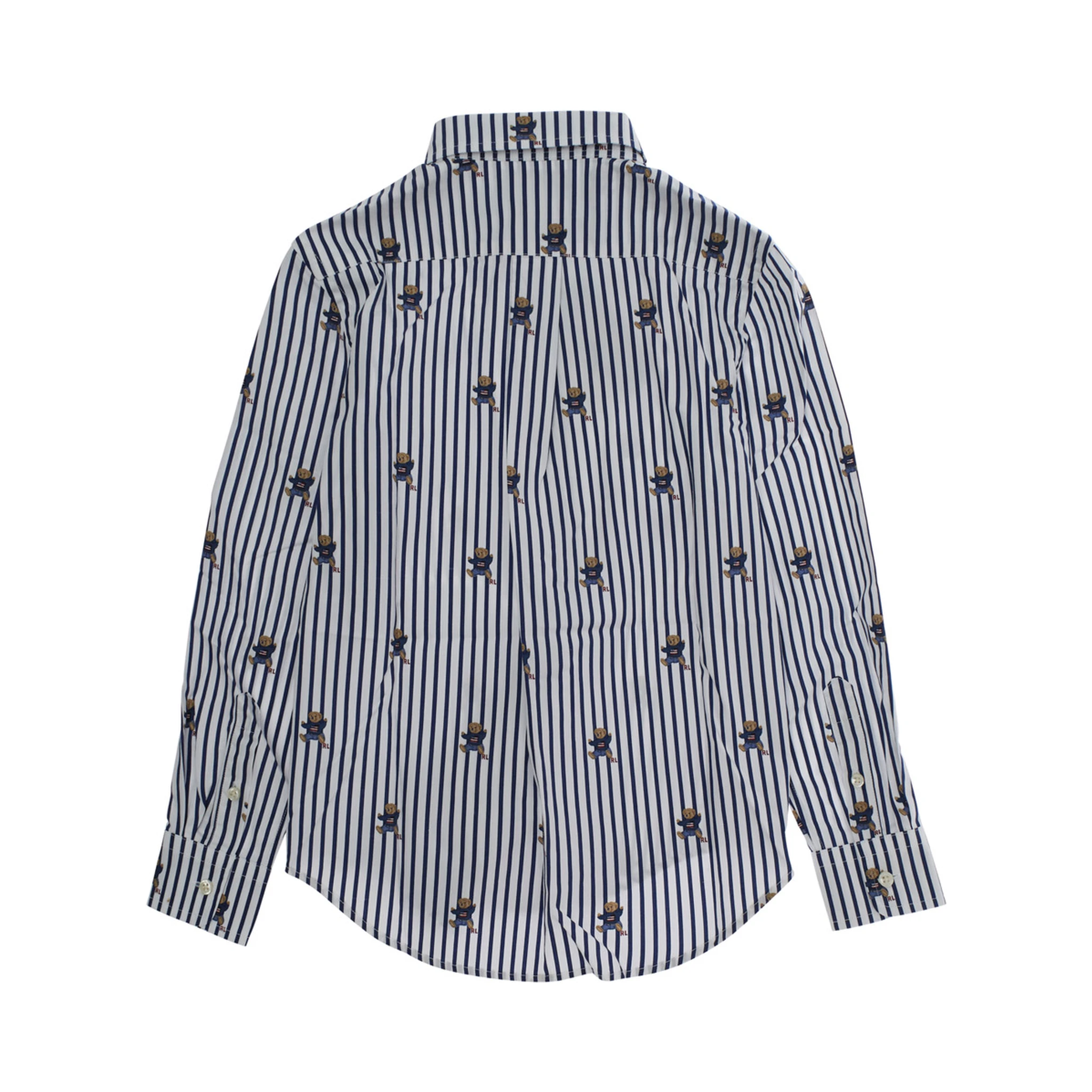 Blue Shirt with All-Over Striped Motif and Bear Print in Cotton Boy