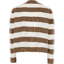 Viterbo Beige Crewneck Sweater with Embroidery on the Front and All-Over Striped Motif in Wool Woman