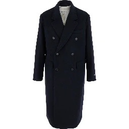 Bless Blue Double-Breasted Coat with Notched Revers and Logo Patch on the Cuff in Wool Blend Man
