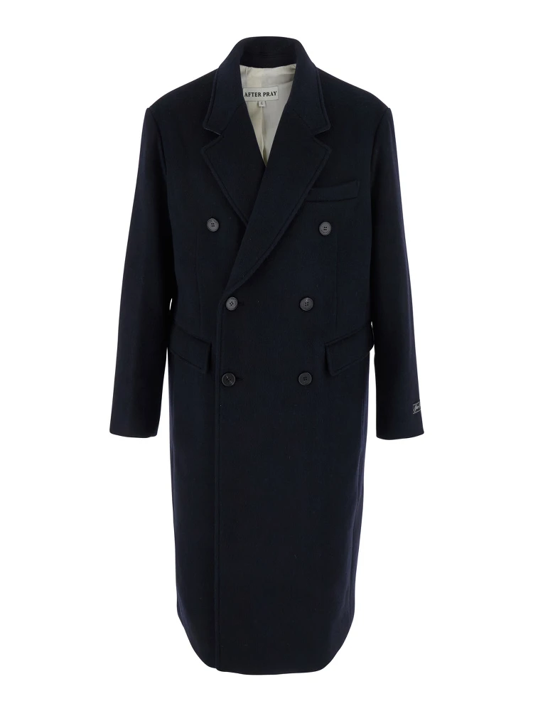 Bless Blue Double-Breasted Coat with Notched Revers and Logo Patch on the Cuff in Wool Blend Man