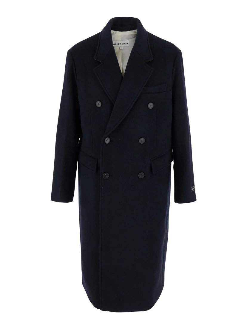 Bless Blue Double-Breasted Coat with Notched Revers and Logo Patch on the Cuff in Wool Blend Man