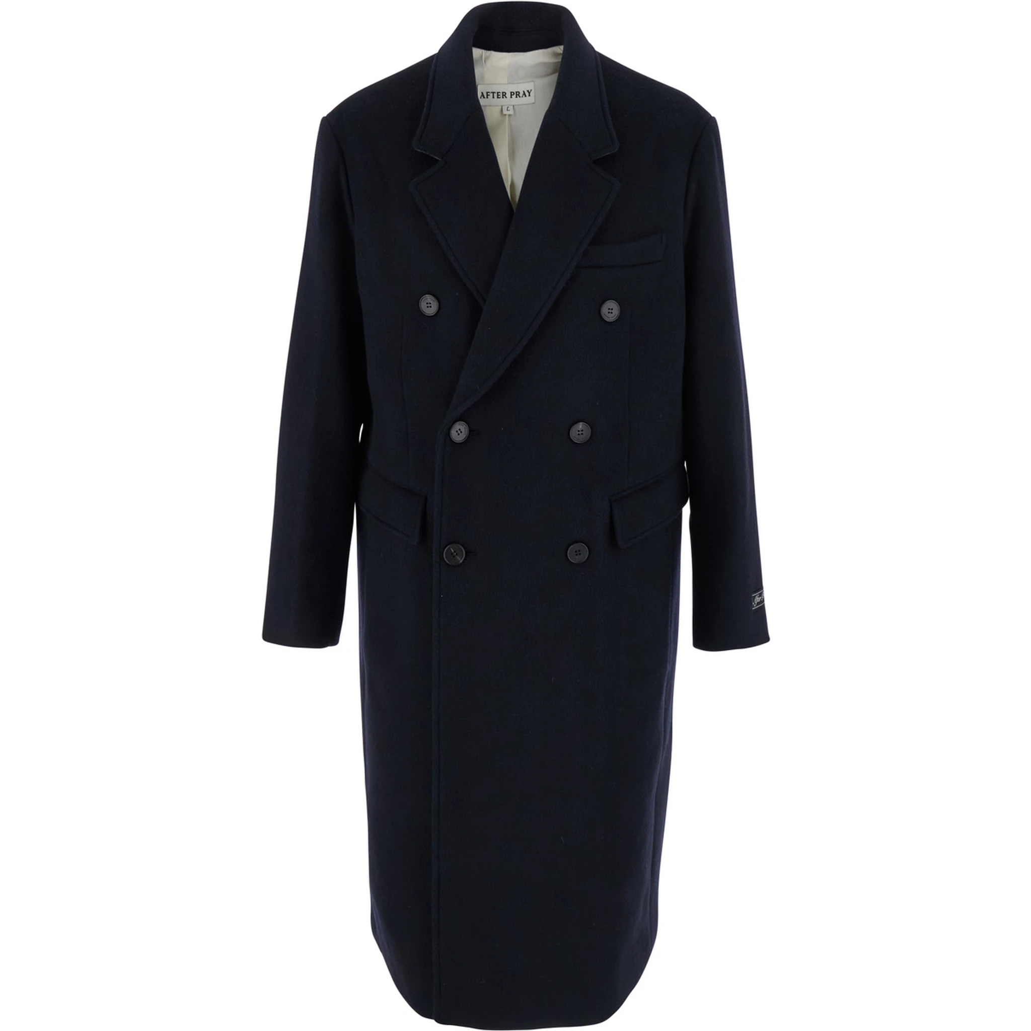 Bless Blue Double-Breasted Coat with Notched Revers and Logo Patch on the Cuff in Wool Blend Man