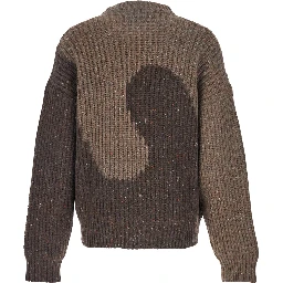 Brown Knit Crewneck Sweater with Bicolor Motif in Wool Blend Man