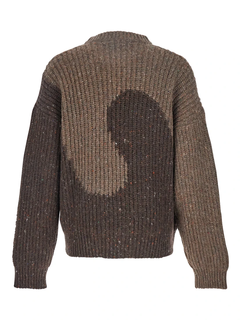 Brown Knit Crewneck Sweater with Bicolor Motif in Wool Blend Man