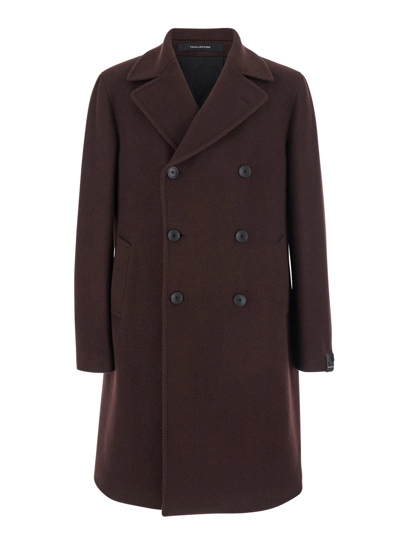 Arden Bordeaux Double-Breasted Coat with Notched Revers in Wool and Cashmere Man