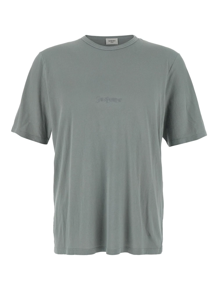 Grey T-Shirt with Round Neck and Logo Lettering Embroidery on the Front in Cotton Man