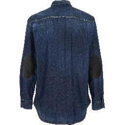 Blue Shirt with Pointed Collar and Elbow Patches in Denim Man