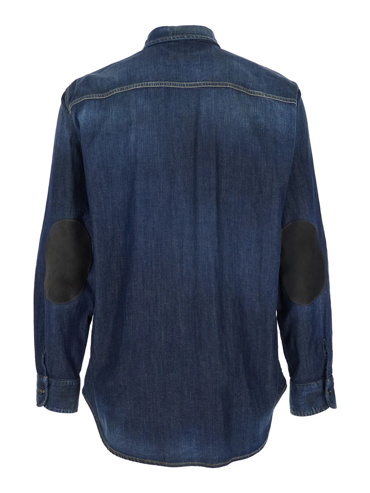 Blue Shirt with Pointed Collar and Elbow Patches in Denim Man alternative
