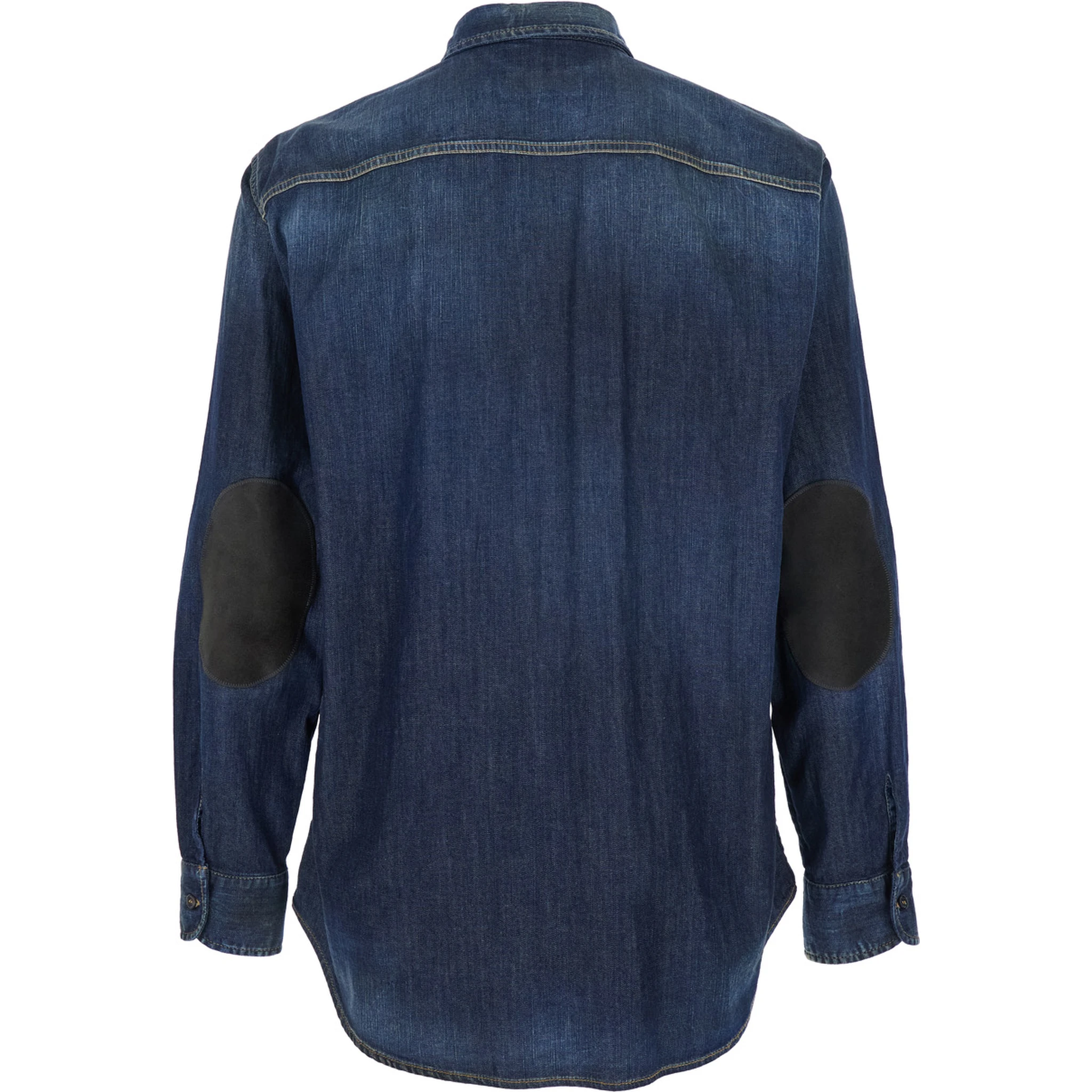 Blue Shirt with Pointed Collar and Elbow Patches in Denim Man