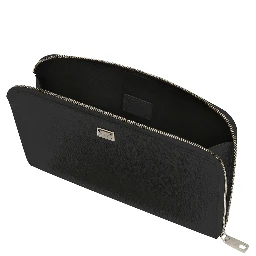 Black Clutch with Removable Wrist Strap and Logo Plaque on the Front in Grained Leather Man