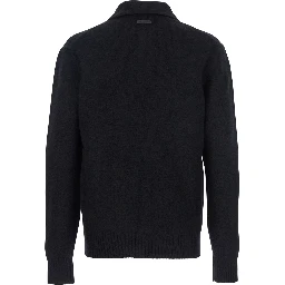 Black Sweater with Polo Collar and Back Logo Patch in Wool Man