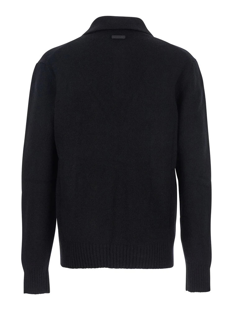 Black Sweater with Polo Collar and Back Logo Patch in Wool Man alternative