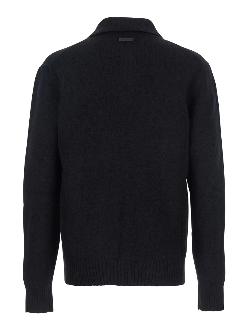 Black Sweater with Polo Collar and Back Logo Patch in Wool Man