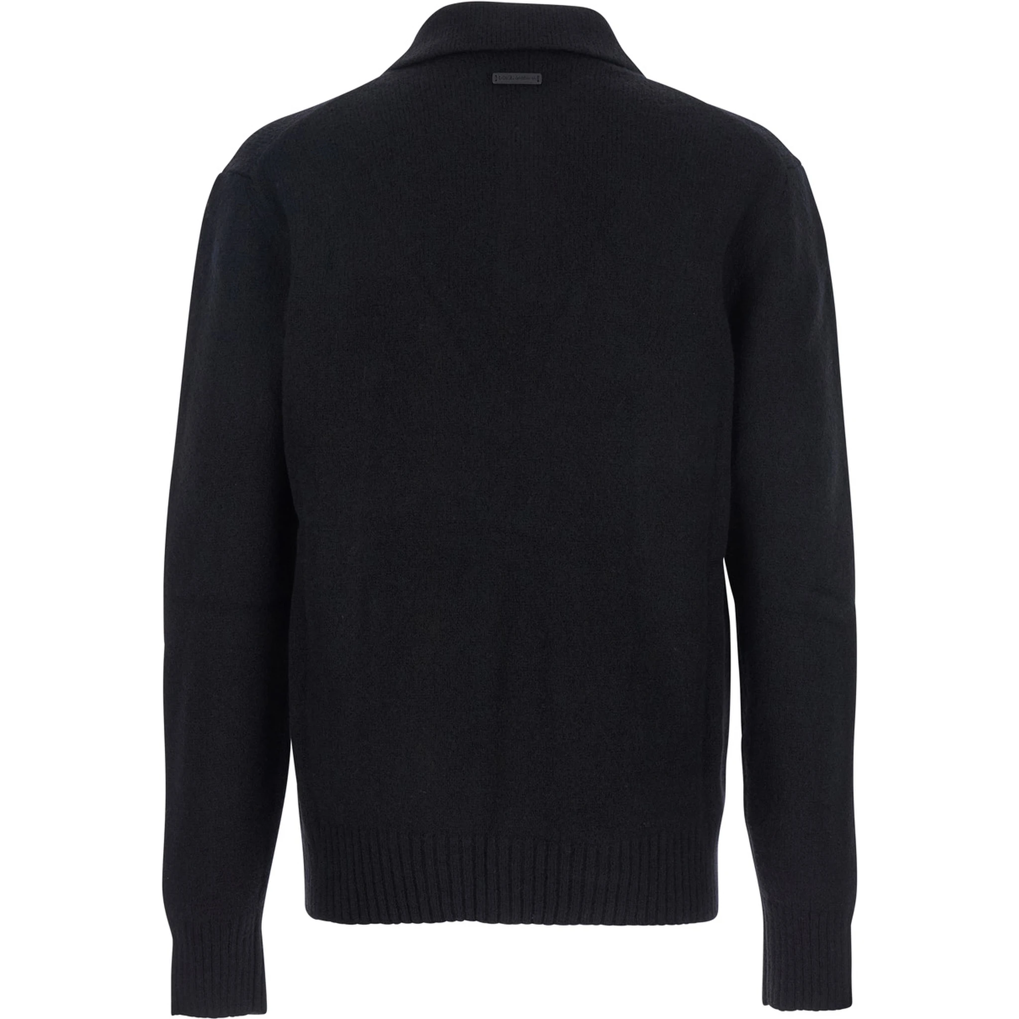 Black Sweater with Polo Collar and Back Logo Patch in Wool Man