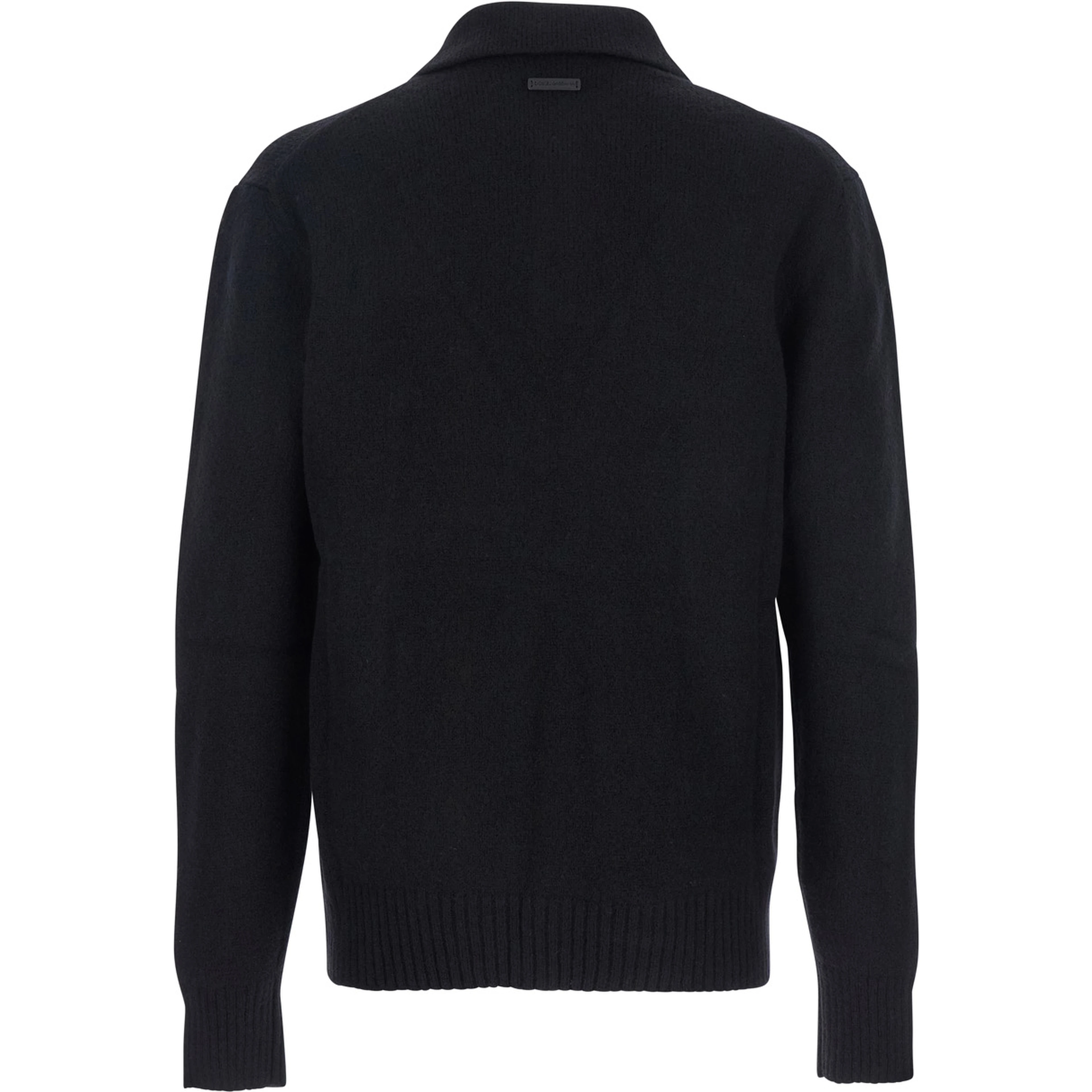 Black Sweater with Polo Collar and Back Logo Patch in Wool Man