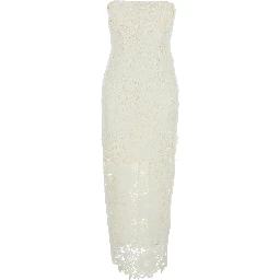 White Long Dress with Back Slit and Lace Details in Tech Fabric Woman
