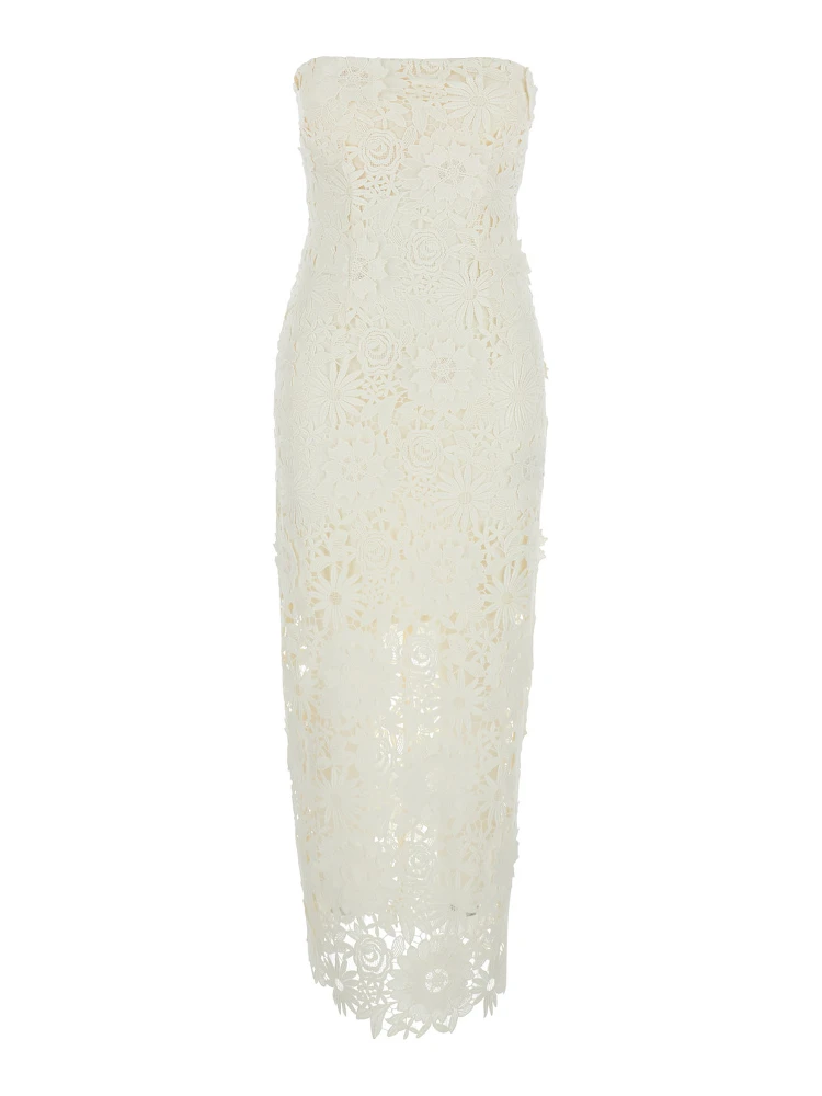 White Long Dress with Back Slit and Lace Details in Tech Fabric Woman