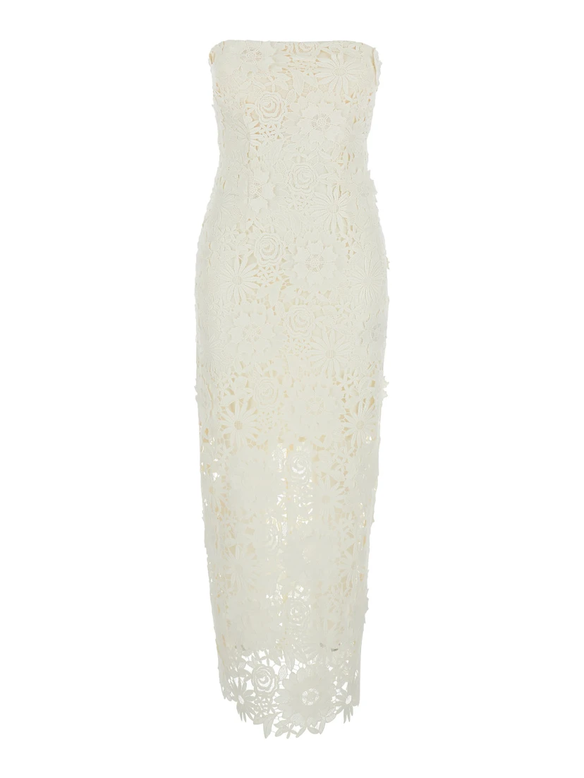 White Long Dress with Back Slit and Lace Details in Tech Fabric Woman