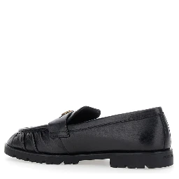 Black Loafers with Metallic Logo on the Front in Crumpled Leather Woman