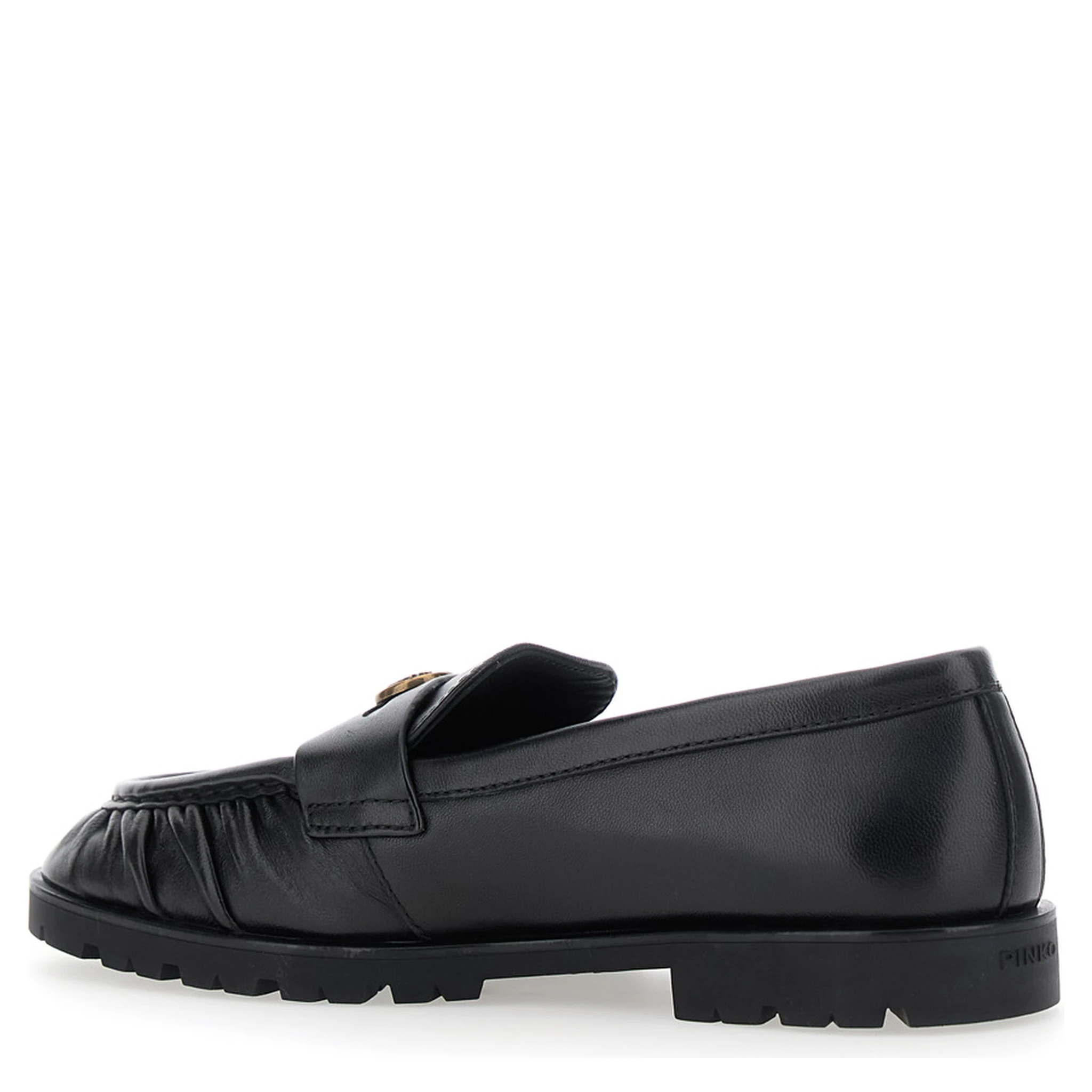Black Loafers with Metallic Logo on the Front in Crumpled Leather Woman