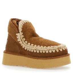 Mini Eskimo Beige Ankle Boots with Logo Patch on the Rear in Leather and Suede Woman