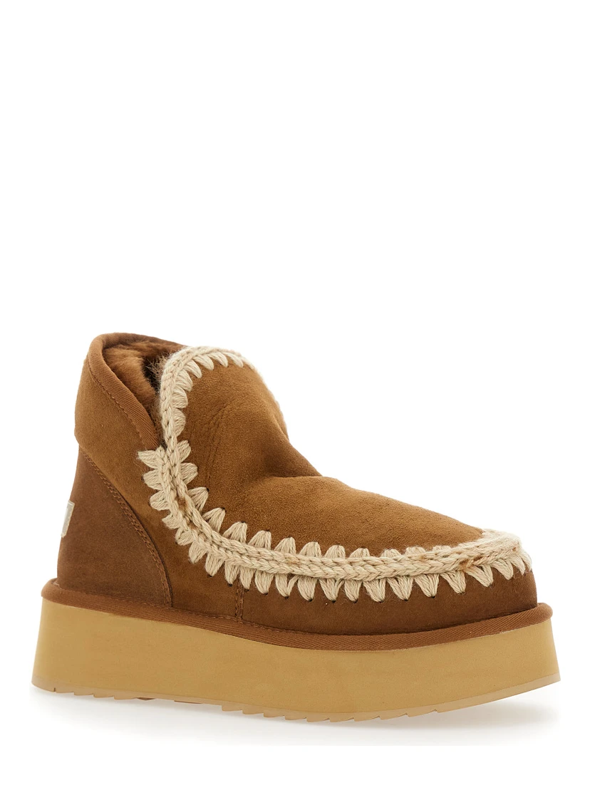 Mini Eskimo Beige Ankle Boots with Logo Patch on the Rear in Leather and Suede Woman