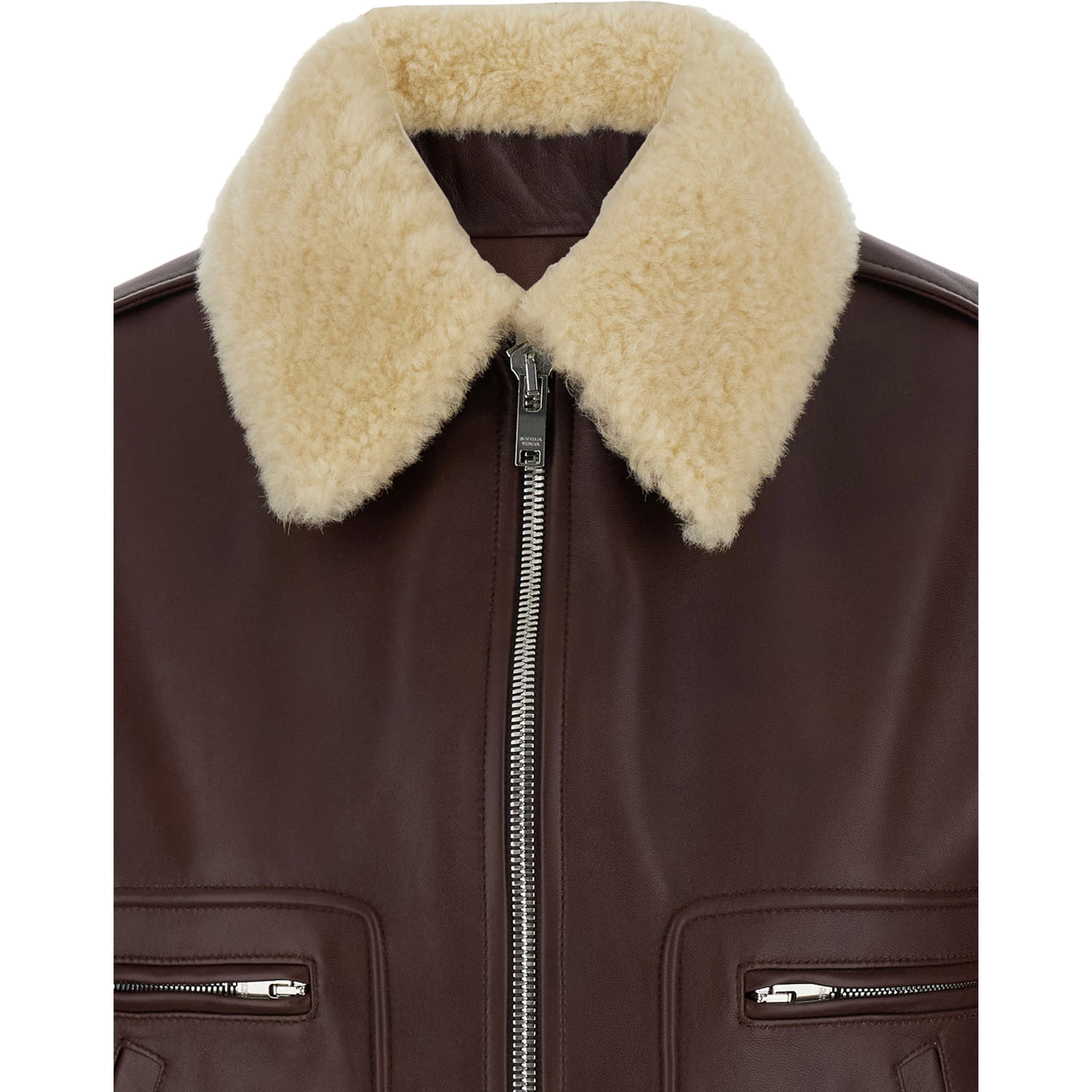Brown Shearling Coat with Removable Fur Collar and Front Zip Closure in Leather Woman