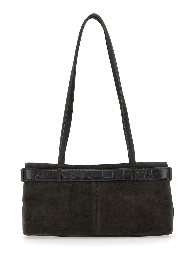 Brown Shoulder Bag with Belt Detail and Pendant Keys in Suede Woman