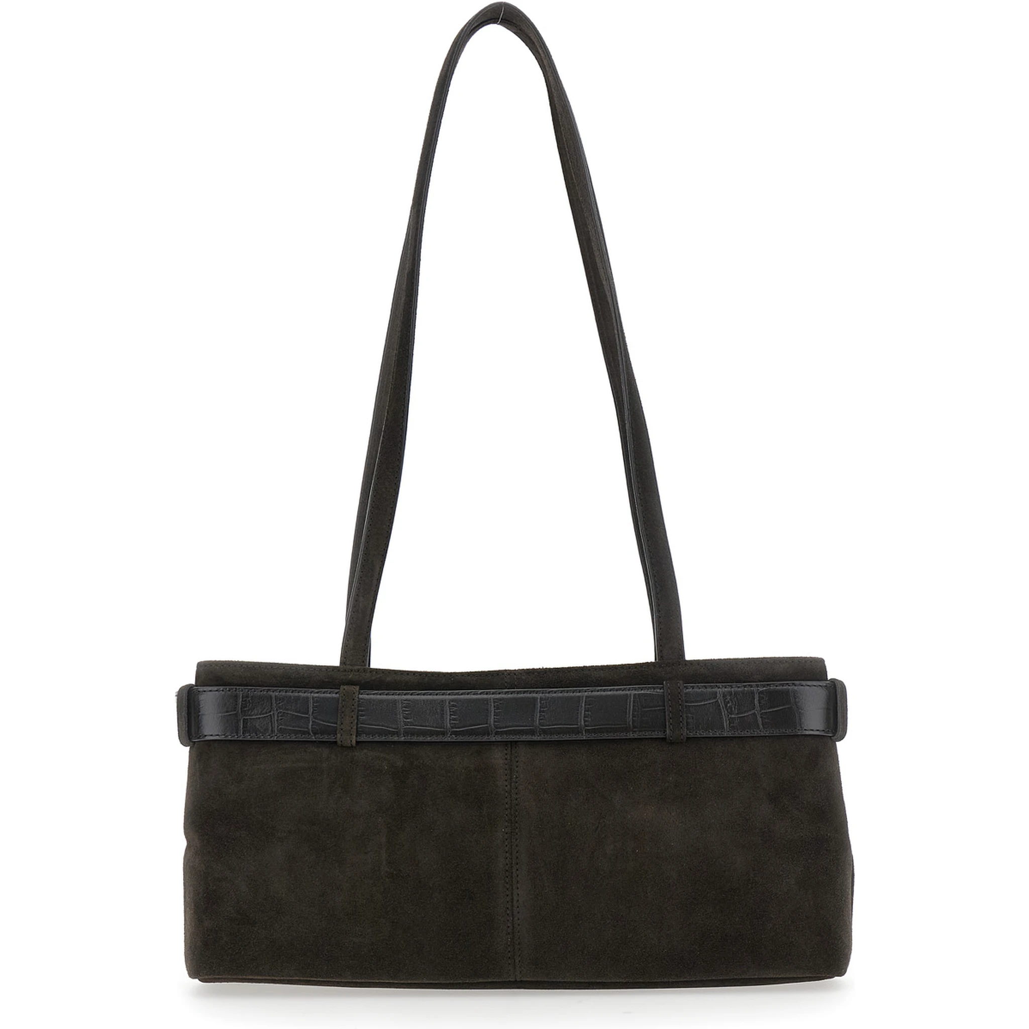 Brown Shoulder Bag with Belt Detail and Pendant Keys in Suede Woman