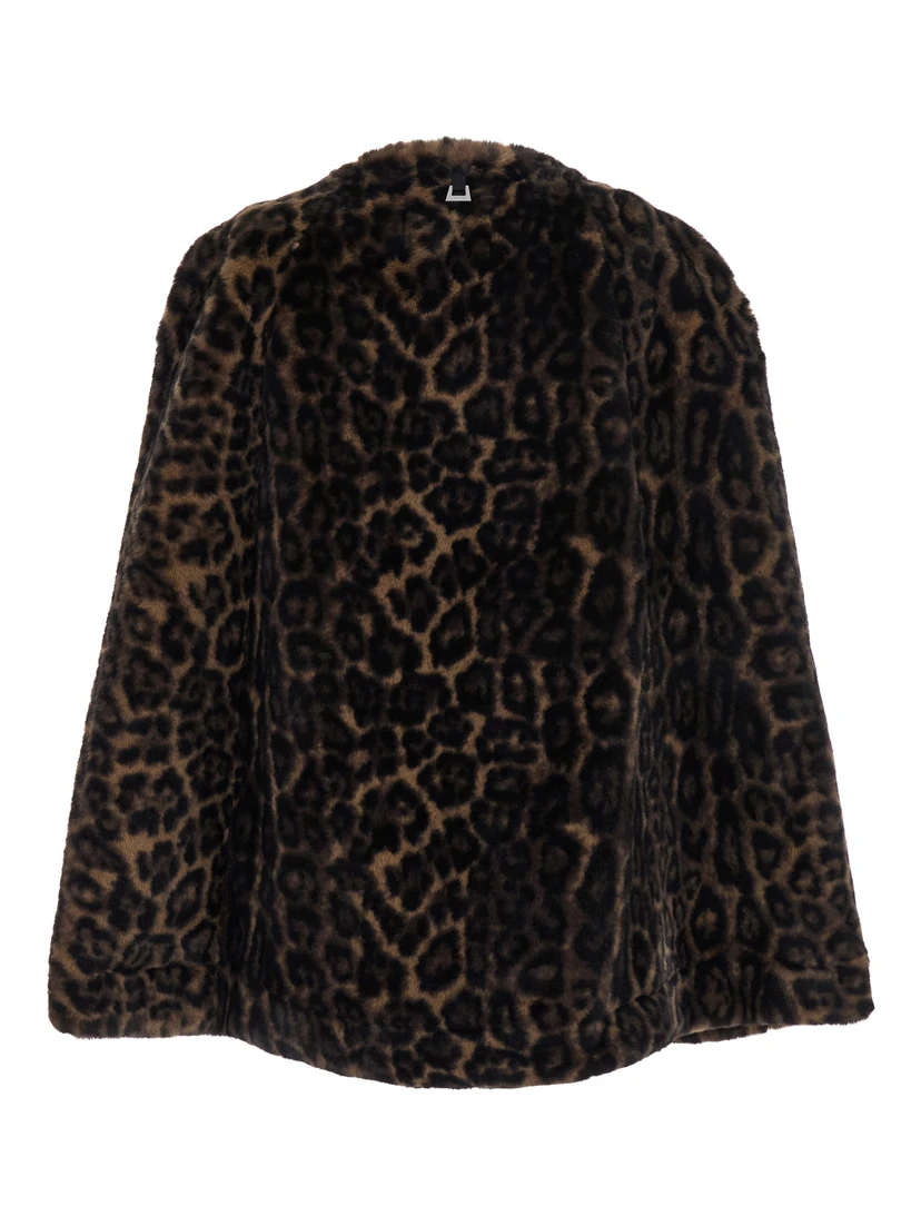 Sloane Brown Crewneck Fur Jacket with All-Over Leopard Motif in Ecofur Woman