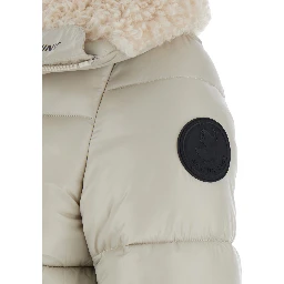 Moma Beige Down Jacket with Fur Collar and Logo on the Sleeve in Tech Fabric Woman
