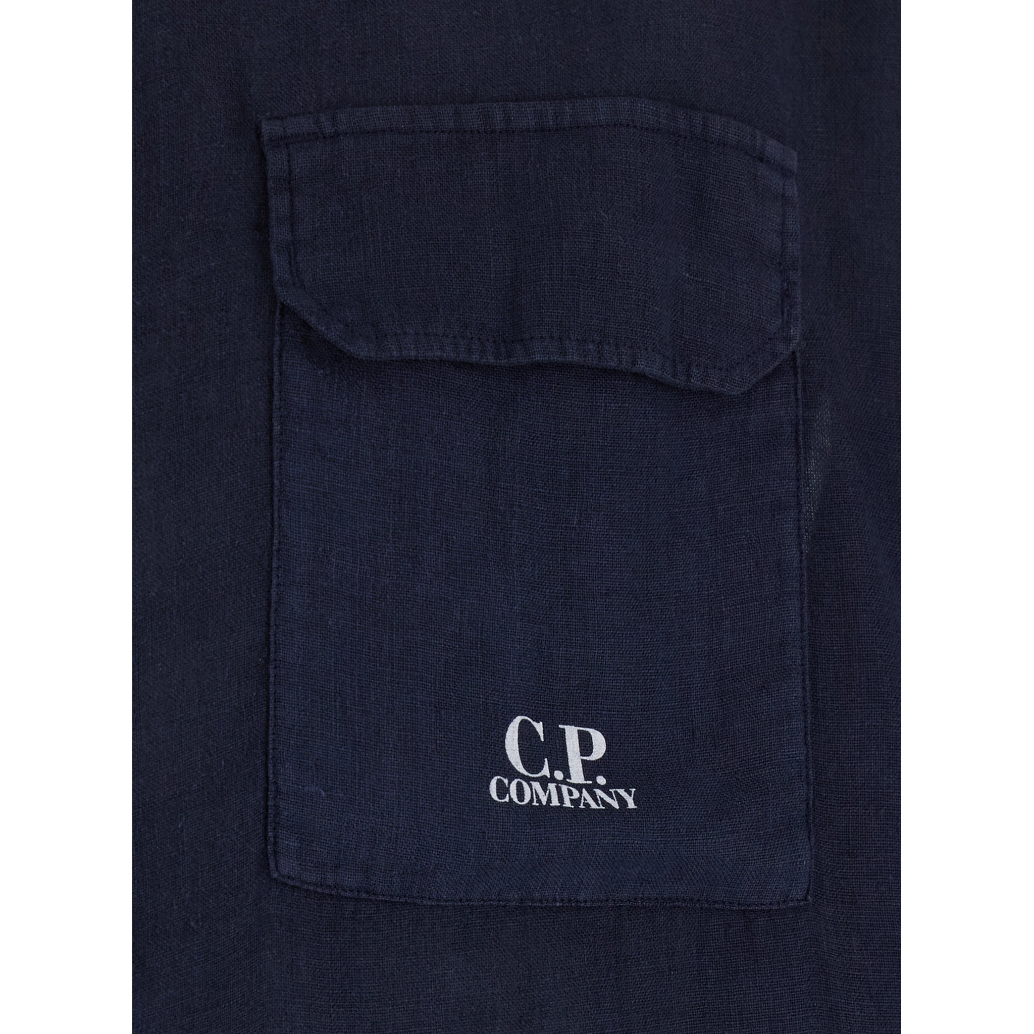 Blue Shirt with Lettering Logo Printed on the Front in Linen Man