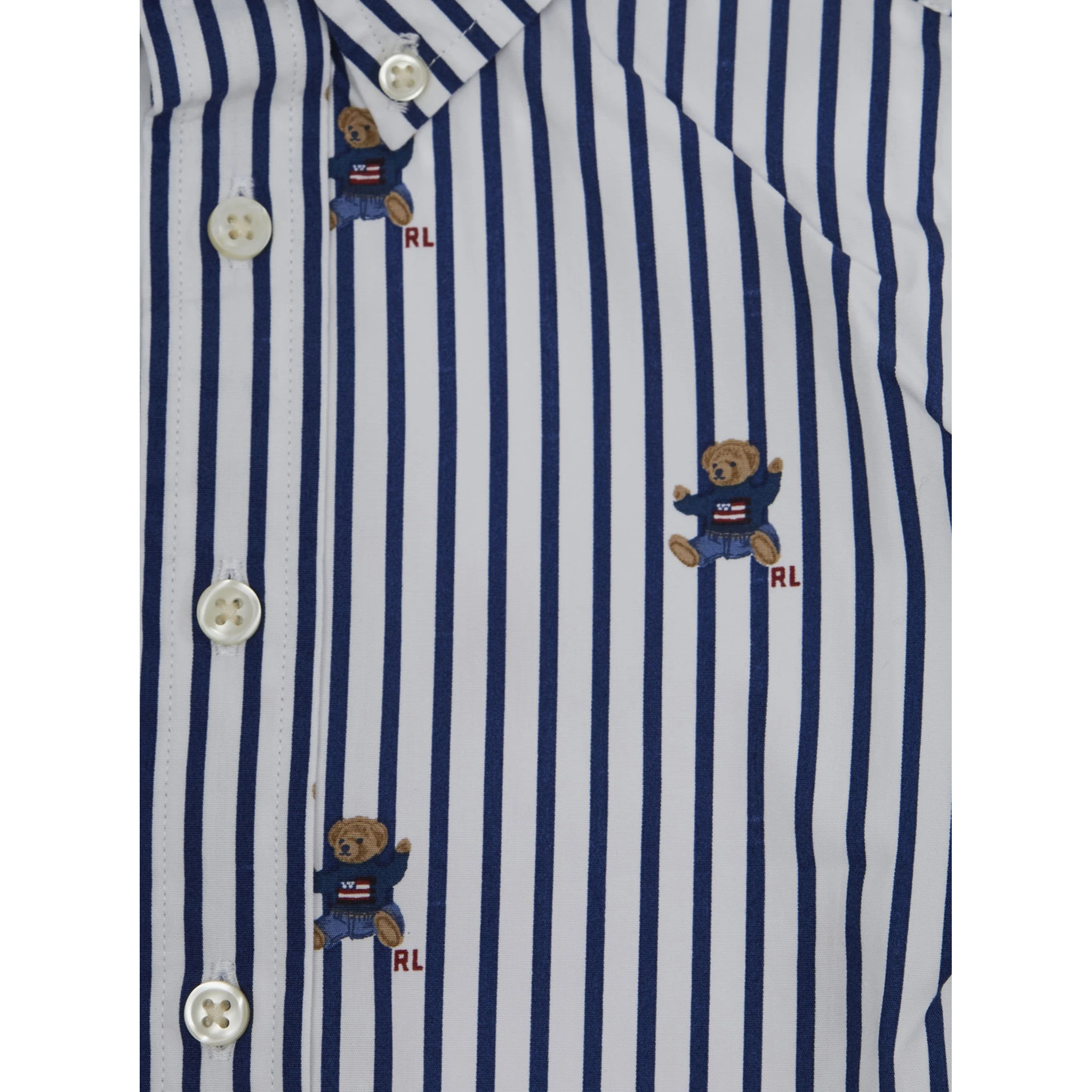 Blue Shirt with All-Over Striped Motif and Bear Print in Cotton Boy