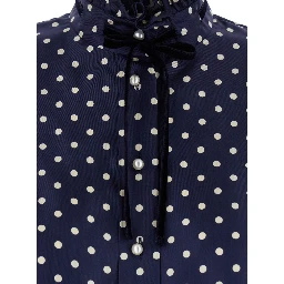 Blue Shirt with Bow Embellishment and All-Over Plus de Pois Motif in Silk Woman