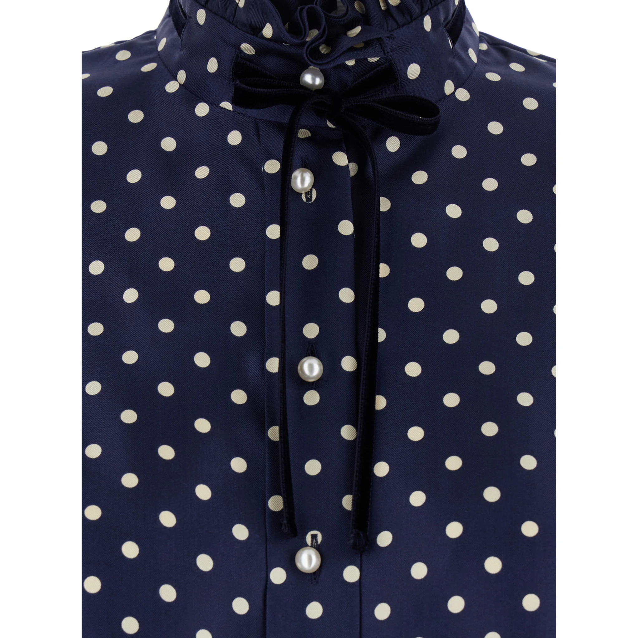 Blue Shirt with Bow Embellishment and All-Over Plus de Pois Motif in Silk Woman