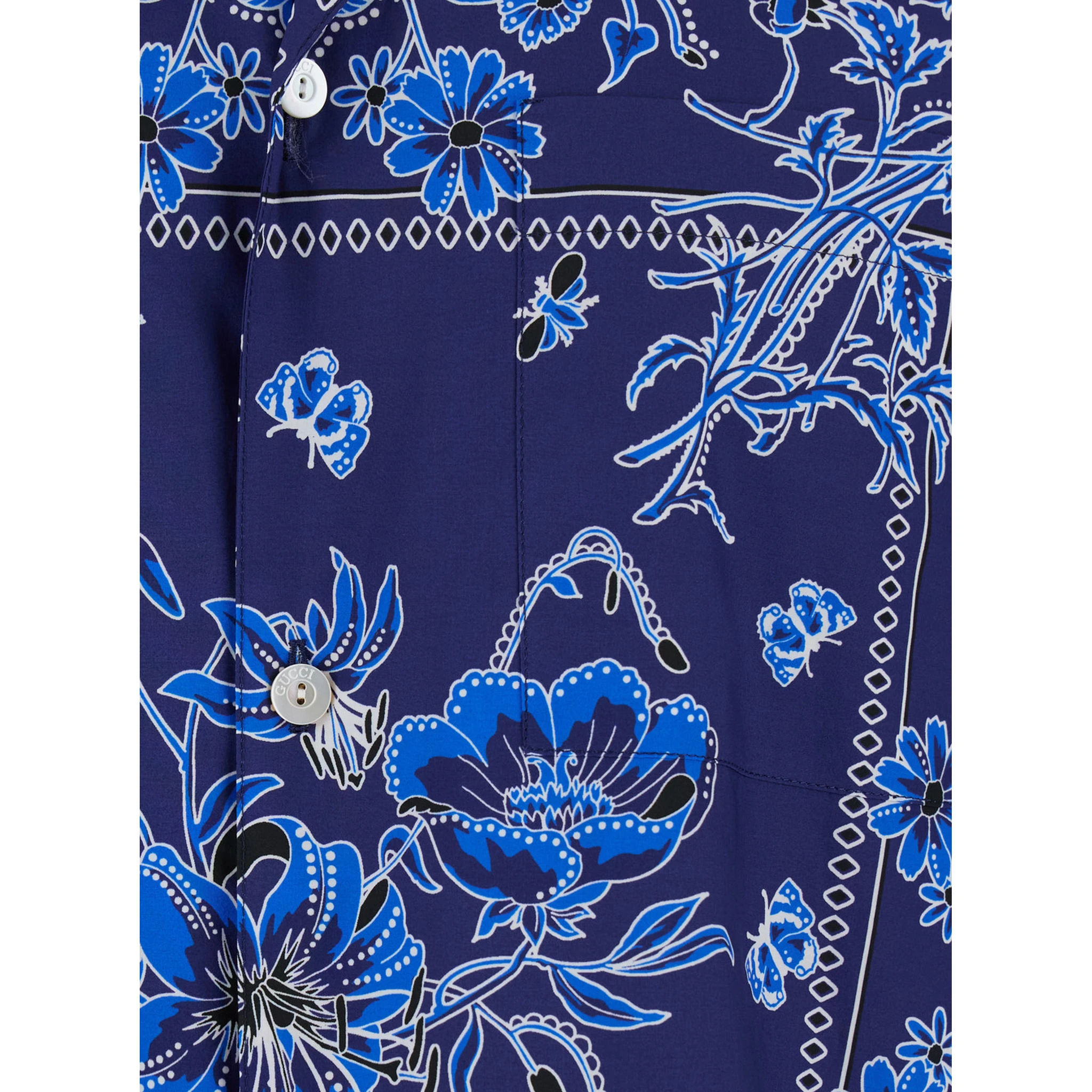 قميص بولينغ أزرق بياقة كوبية وطبعة زهور كاملة من القطن للرجال