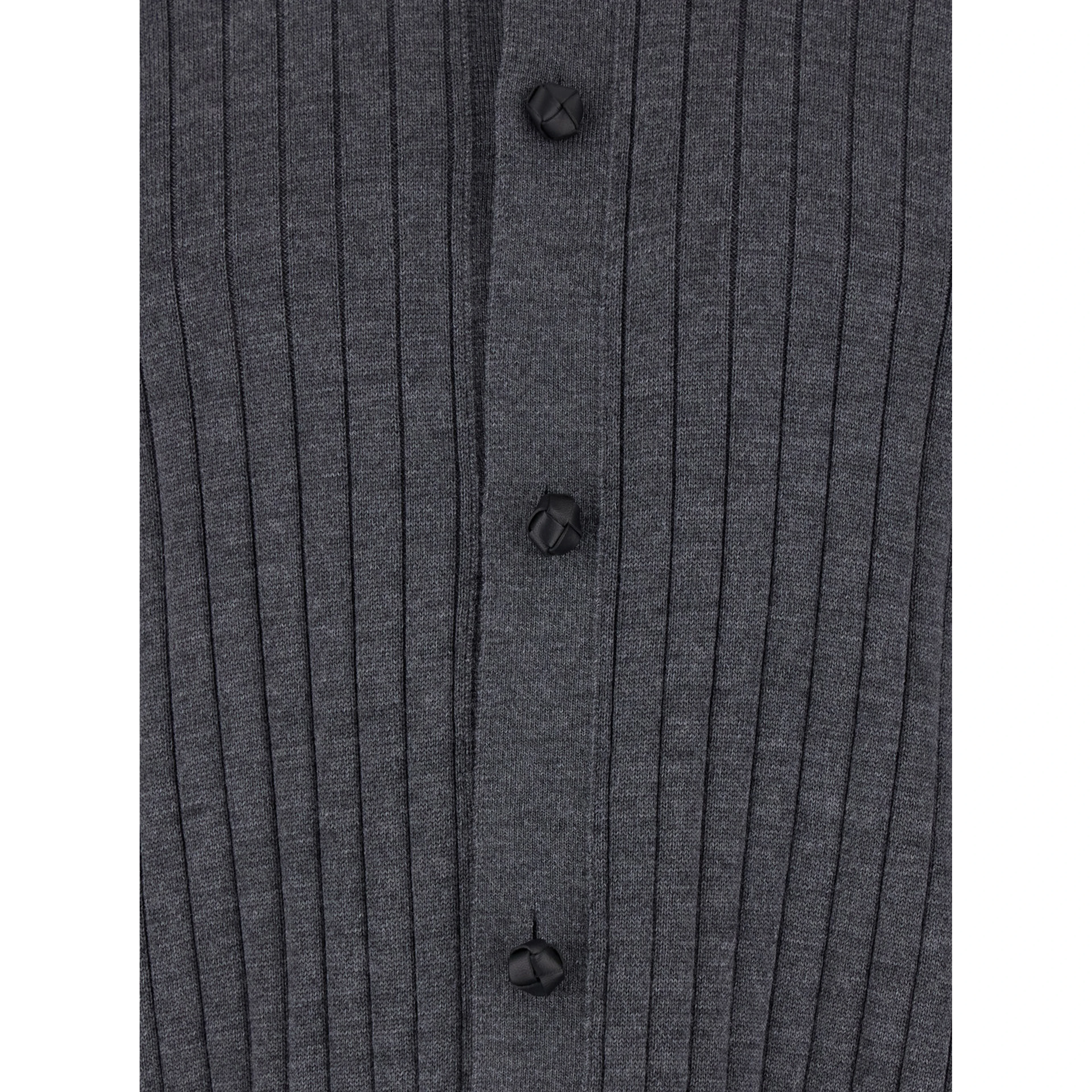 Grey Crewneck Cardigan with Front Button Closure and Ribbed Knit in Wool Man