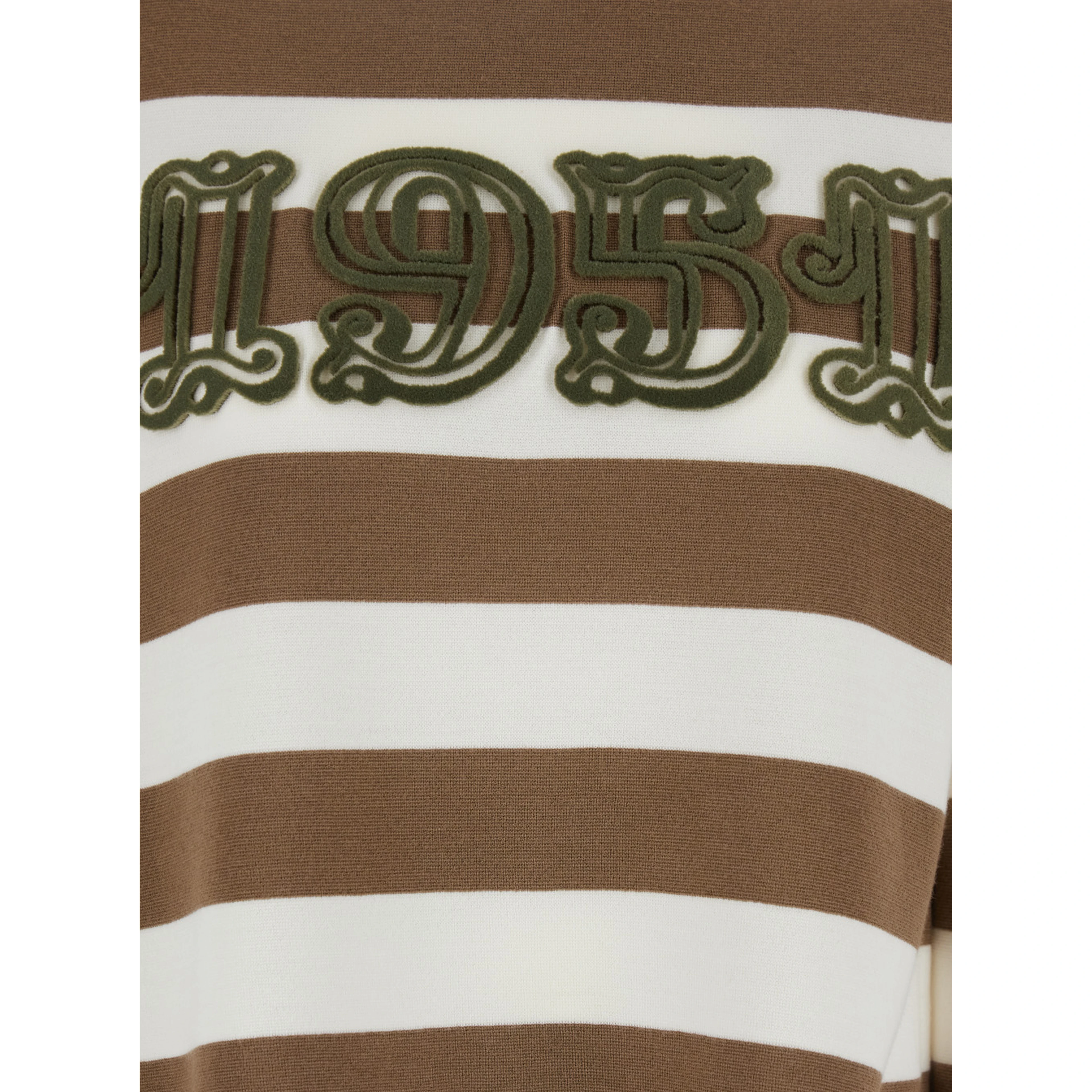 Viterbo Beige Crewneck Sweater with Embroidery on the Front and All-Over Striped Motif in Wool Woman