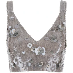 Grey Sleeveless Crop Top with Straps in Sequined Fabric Woman