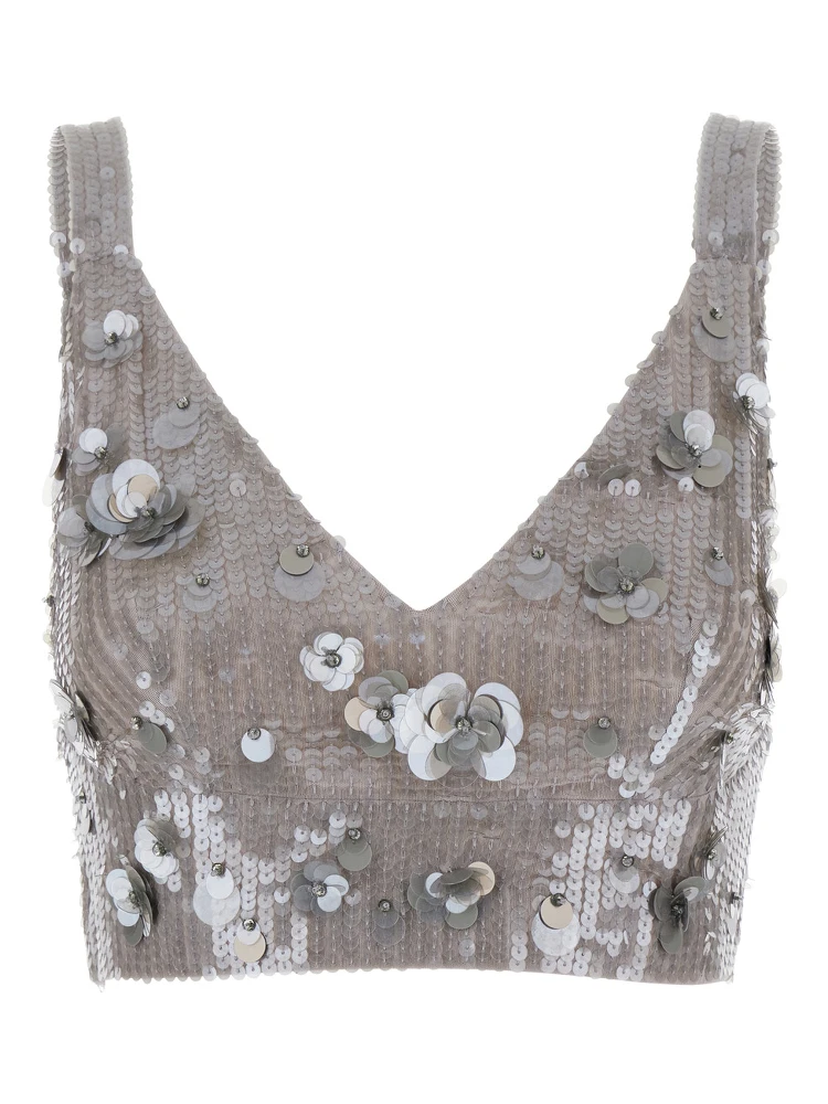 Grey Sleeveless Crop Top with Straps in Sequined Fabric Woman