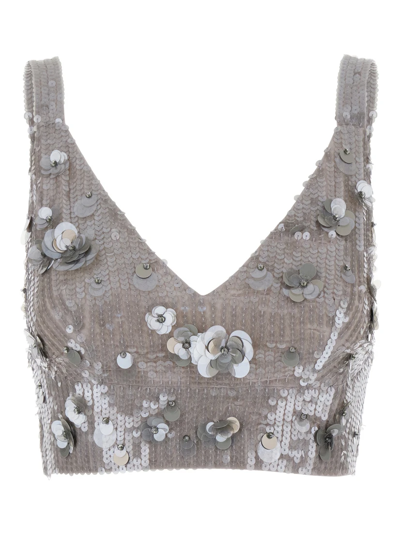 Grey Sleeveless Crop Top with Straps in Sequined Fabric Woman
