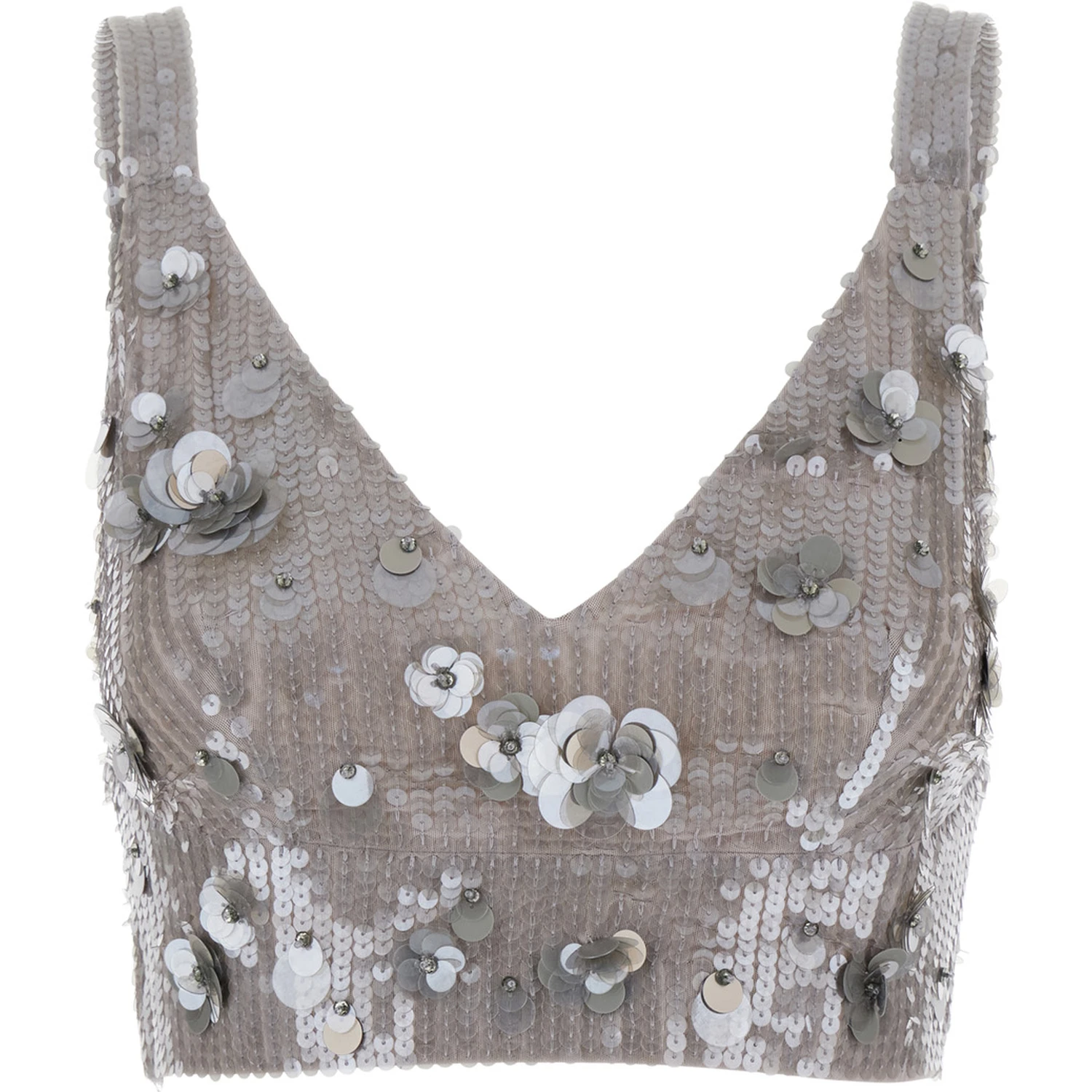 Grey Sleeveless Crop Top with Straps in Sequined Fabric Woman